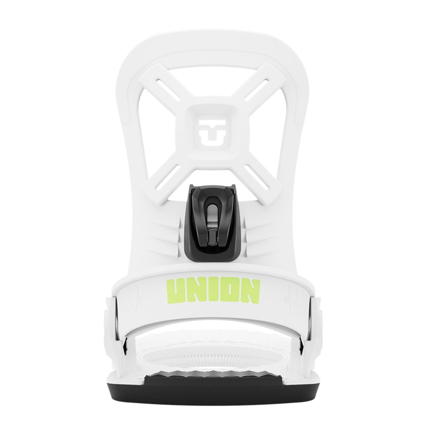 Union Junior's Cadet Mini Snowboard Binding 2025 - A white snowboard binding with a black strap and buckle, featuring a small logo on top.