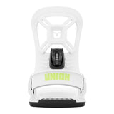 Union Junior's Cadet Mini Snowboard Binding 2025 - A white snowboard binding with a black strap and buckle, featuring a small logo on top.