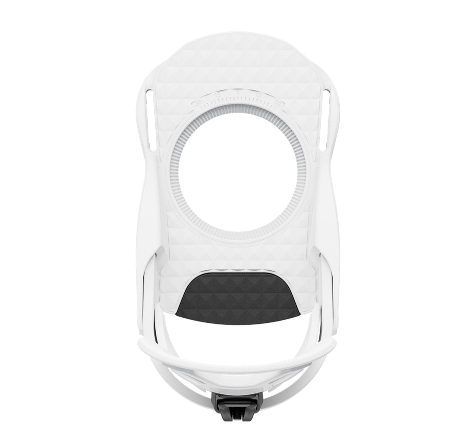 Union Junior's Cadet Mini Snowboard Binding 2025 - A white snowboard binding with a circular cutout in the top and a black plastic piece at the bottom.