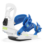Union Junior's Cadet Mini Snowboard Binding 2025 - A white and blue snowboard binding with a black buckle on the left side.