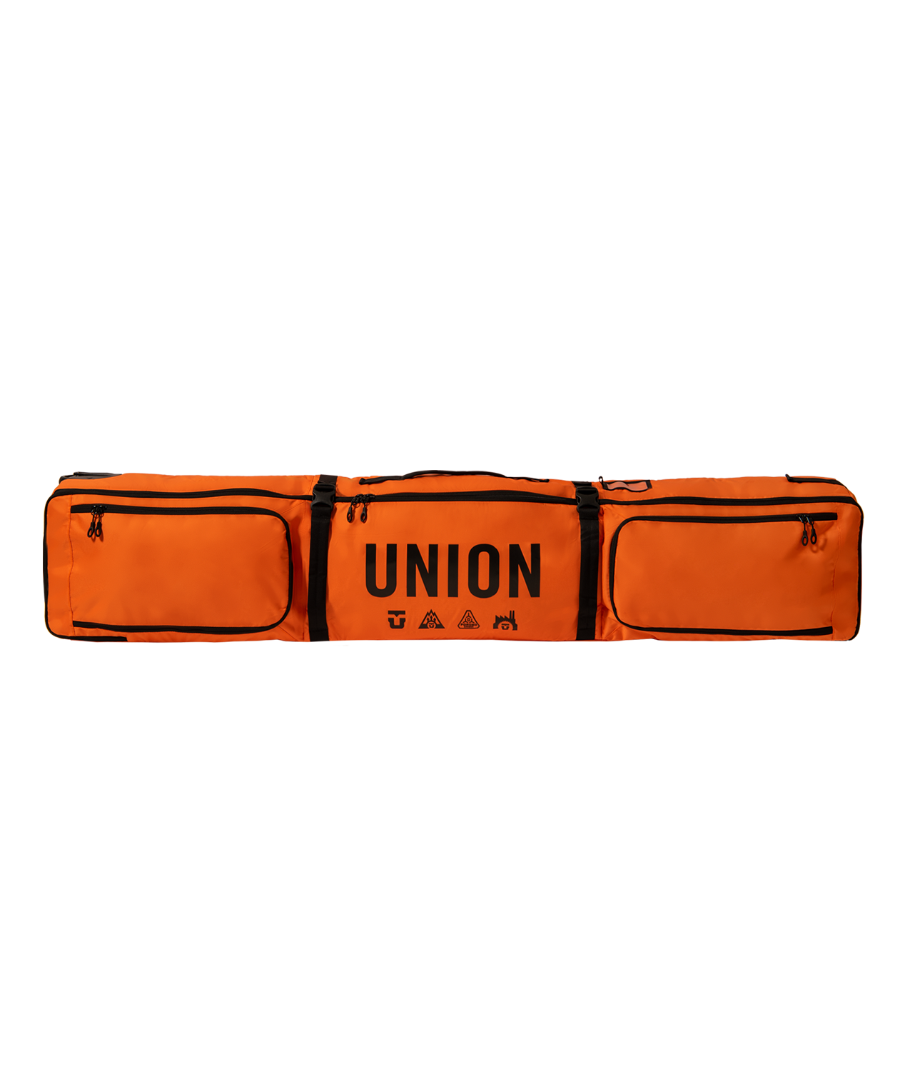 Orange wheeled snowboard bag with UNION logo and padded side pockets