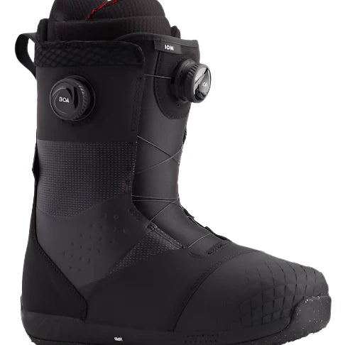 Burton Ion Boa Snowboard Boot 2025 - Black snowboard boot with a textured rubber toe cap and red accents on the tongue.