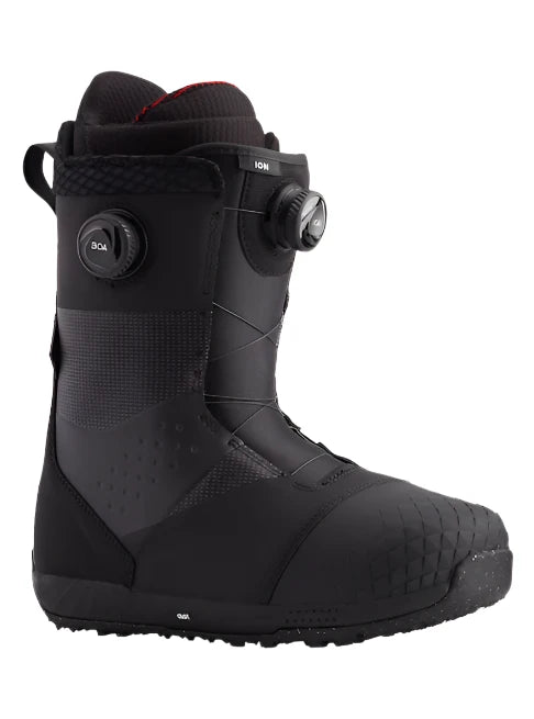 Burton Ion Boa Snowboard Boot 2025 - Black snowboard boot with a textured rubber toe cap and red accents on the tongue.