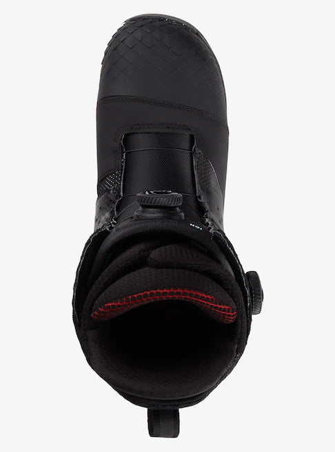 Burton Ion Boa Snowboard Boot 2025 - Black snowboard boot with a textured rubber toe cap and red stitching on the tongue.