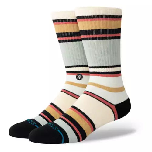 Stance Mike B Crew Sock 2024 - Black crew socks with a repeating pattern of tan and coral stripes.