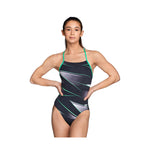 Speedo Infinite Pulse One Back Swimsuit - A black swimsuit with a green and white geometric pattern on the front, featuring a one-shoulder design.