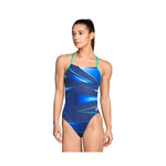 Speedo Infinite Pulse One Back Swimsuit - A blue swimsuit with a pattern of light blue and white stripes, featuring a one-shoulder design.