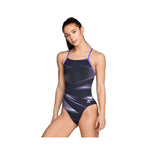 Speedo Infinite Pulse One Back Swimsuit - A black swimsuit with purple and white accents, featuring a one-shoulder design.