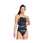 Speedo Infinite Pulse One Back Swimsuit - A black swimsuit with a geometric pattern of white and yellow lines, featuring one-shoulder straps.
