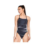 Speedo Infinite Pulse One Back Swimsuit - A black swimsuit with a white geometric pattern and thin straps on the back.