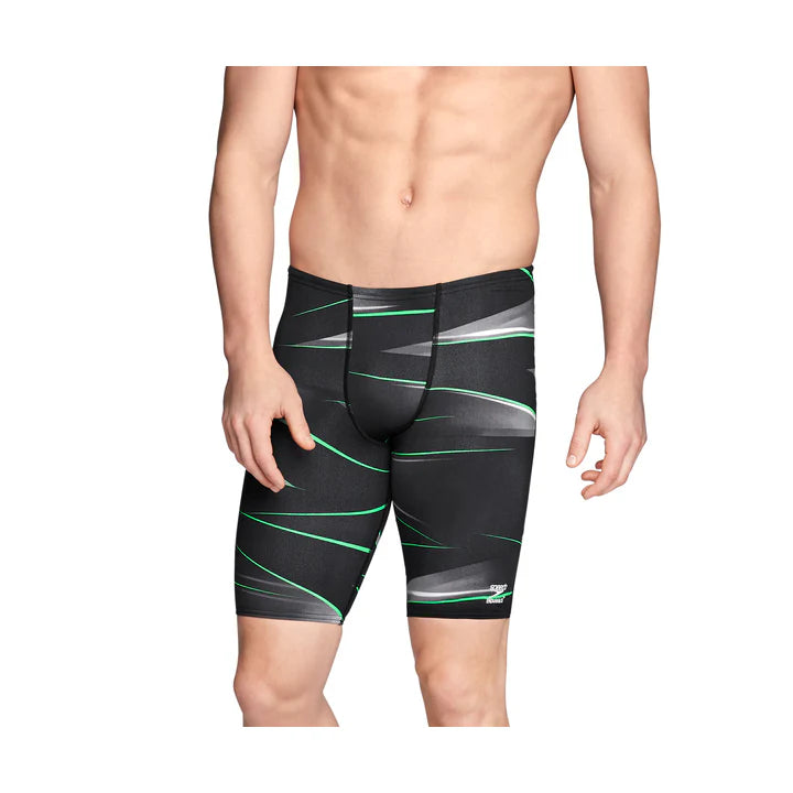 Speedo Infinite Pulse Jammer Swimsuit - A black swimsuit with green and white stripes.