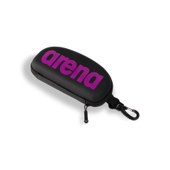 Swim goggle case with Arena logo, black exterior, zipper pull and carabiner clip