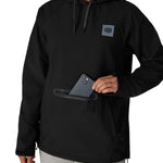 Women's black waterproof hoodie with drawstring hood, chest logo patch, and front pocket