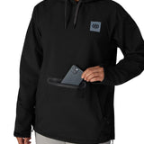 Women's black waterproof hoodie with drawstring hood, chest logo patch, and front pocket