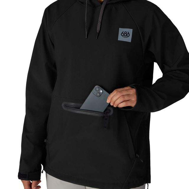 Women's black waterproof hoodie with drawstring hood, chest logo patch, and front pocket