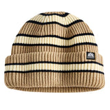 Autumn Simple Slacker Beanie 2025 - A tan beanie with black stripes and a small logo on the front.