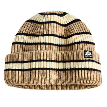 Autumn Simple Slacker Beanie 2025 - A tan beanie with black stripes and a small logo on the front.