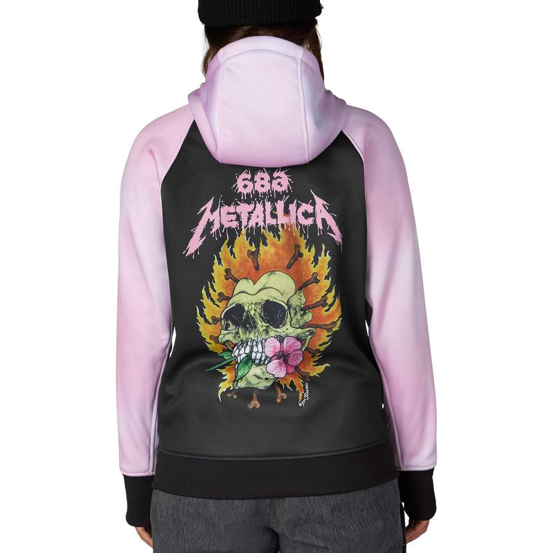 Women's bonded fleece hoody, lilac hood and sleeves, black back with Metallica skull art.
