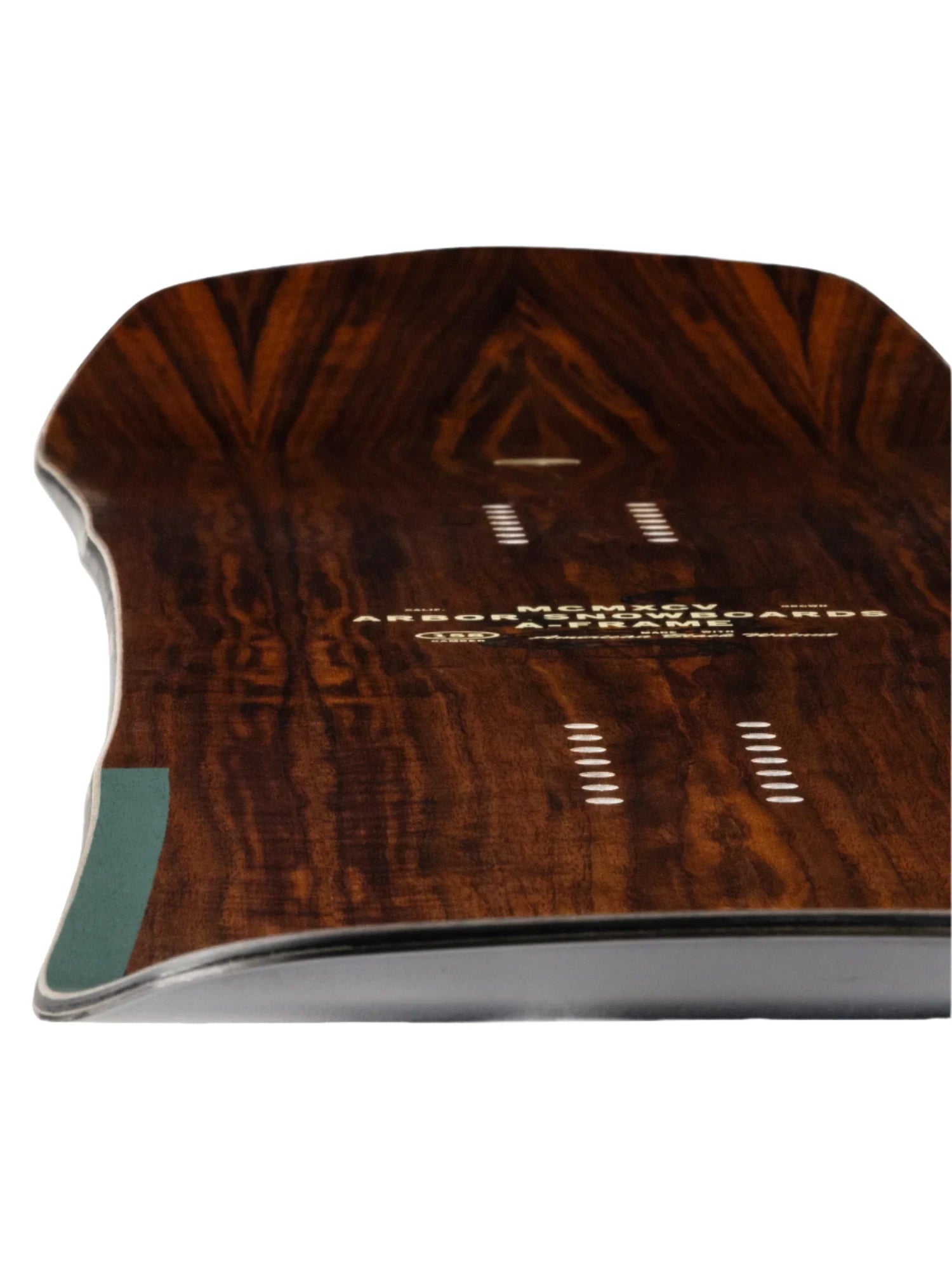 Arbor A-Frame Camber Snowboard 2025 - White snowboard with black bindings and a black strap on top of it.