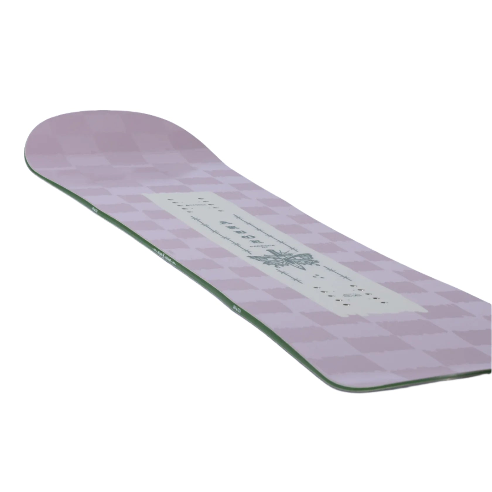 Arbor Women's Cadence Snowboard 2026 - A light purple snowboard with a geometric pattern and green edges.