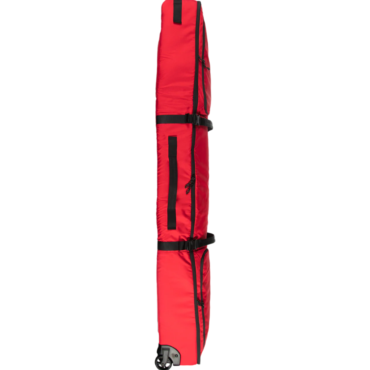 CAPiTA Explorer Wheeled Snowboard Bag - A red wheeled snowboard bag with black wheels and a handle, featuring a zippered opening on top.