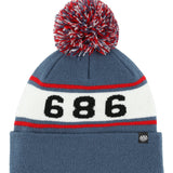 The 686 Boy's Enterprise Beanie 2025 has a gray body with red and white stripes and a large red, white, and blue pom-pom on top.