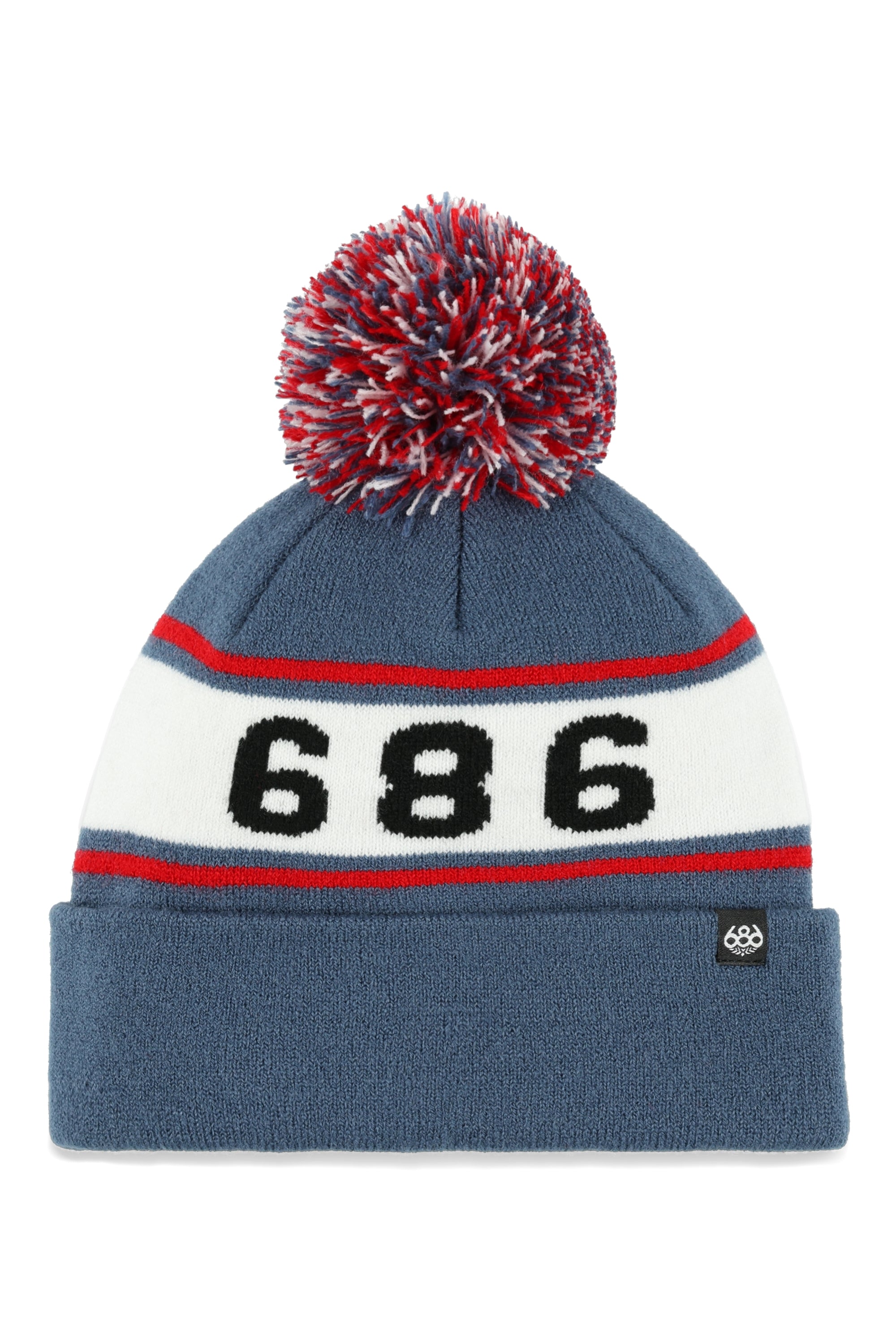 The 686 Boy's Enterprise Beanie 2025 has a gray body with red and white stripes and a large red, white, and blue pom-pom on top.