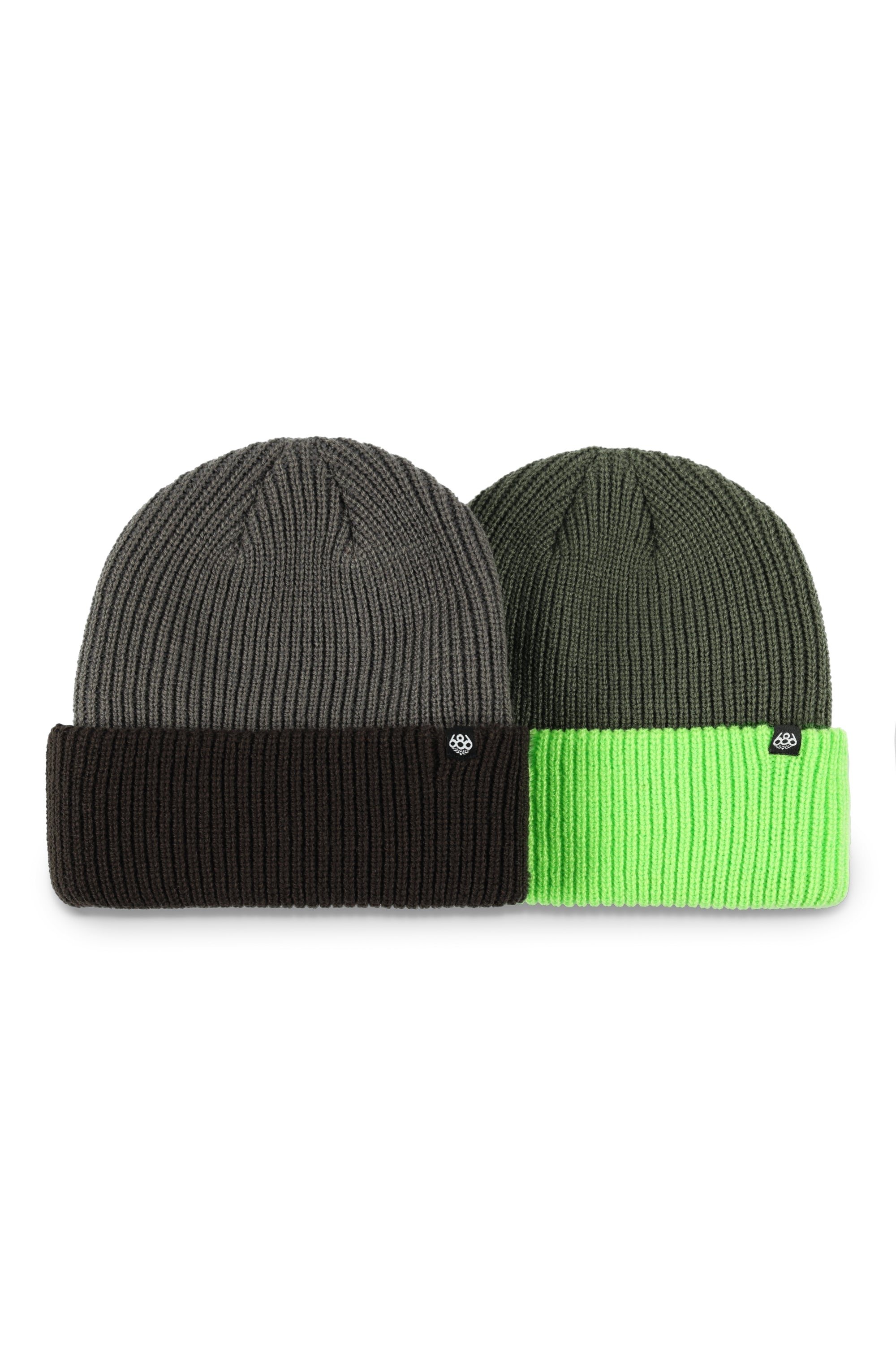 The 686 Boy's Two Tone Beanie 2-Pack has a two-tone design in black and green on a front view.