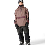 The 686 Waterproof Anorak Jacket in brown and maroon has an insulated hood and appears to be unzipped on a side view.