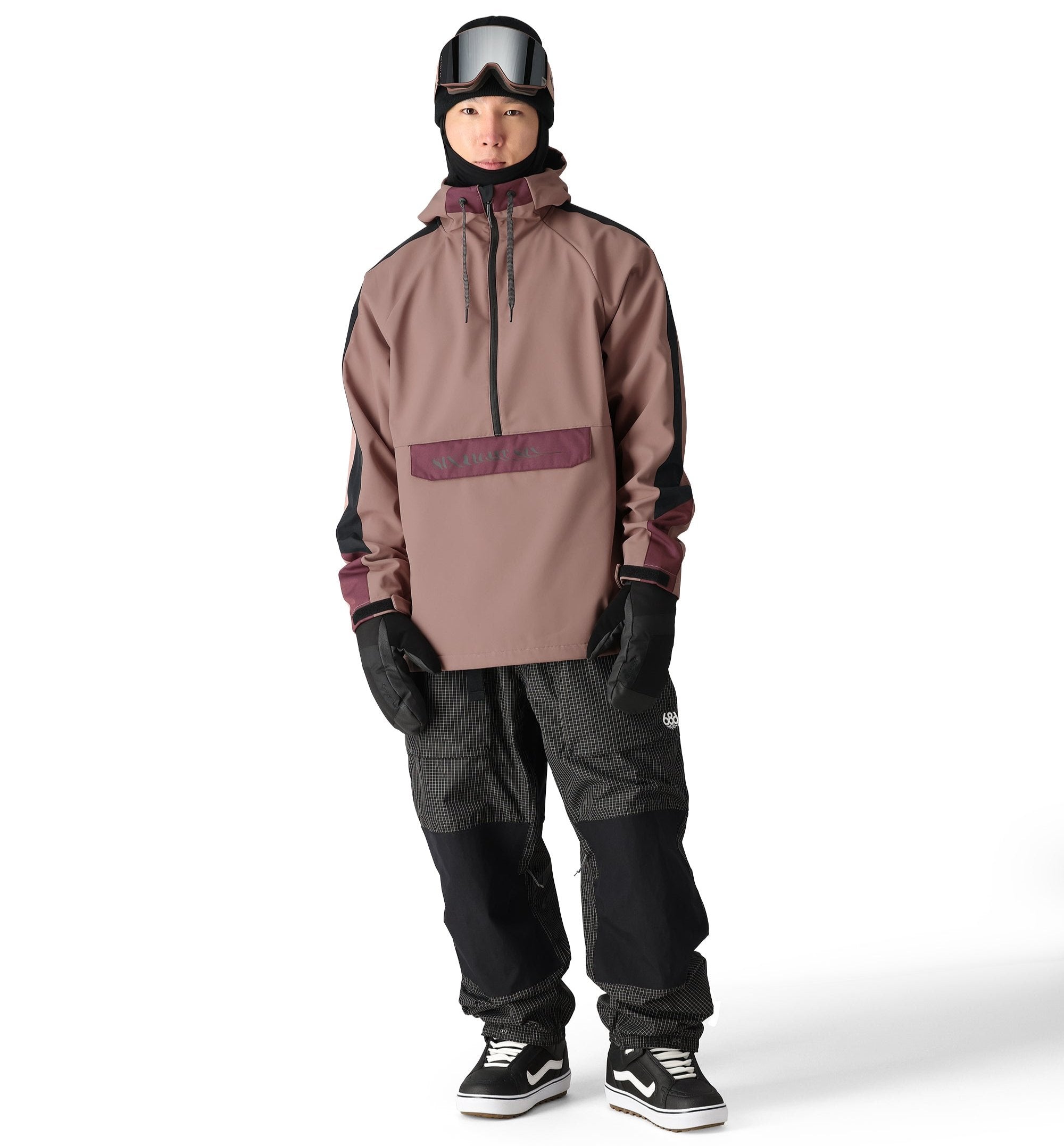 The 686 Waterproof Anorak Jacket in brown and maroon has an insulated hood and appears to be unzipped on a side view.