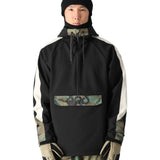 The 686 Waterproof Anorak Jacket appears in black with white stripes on both sides and camouflage accents around the chest pocket.