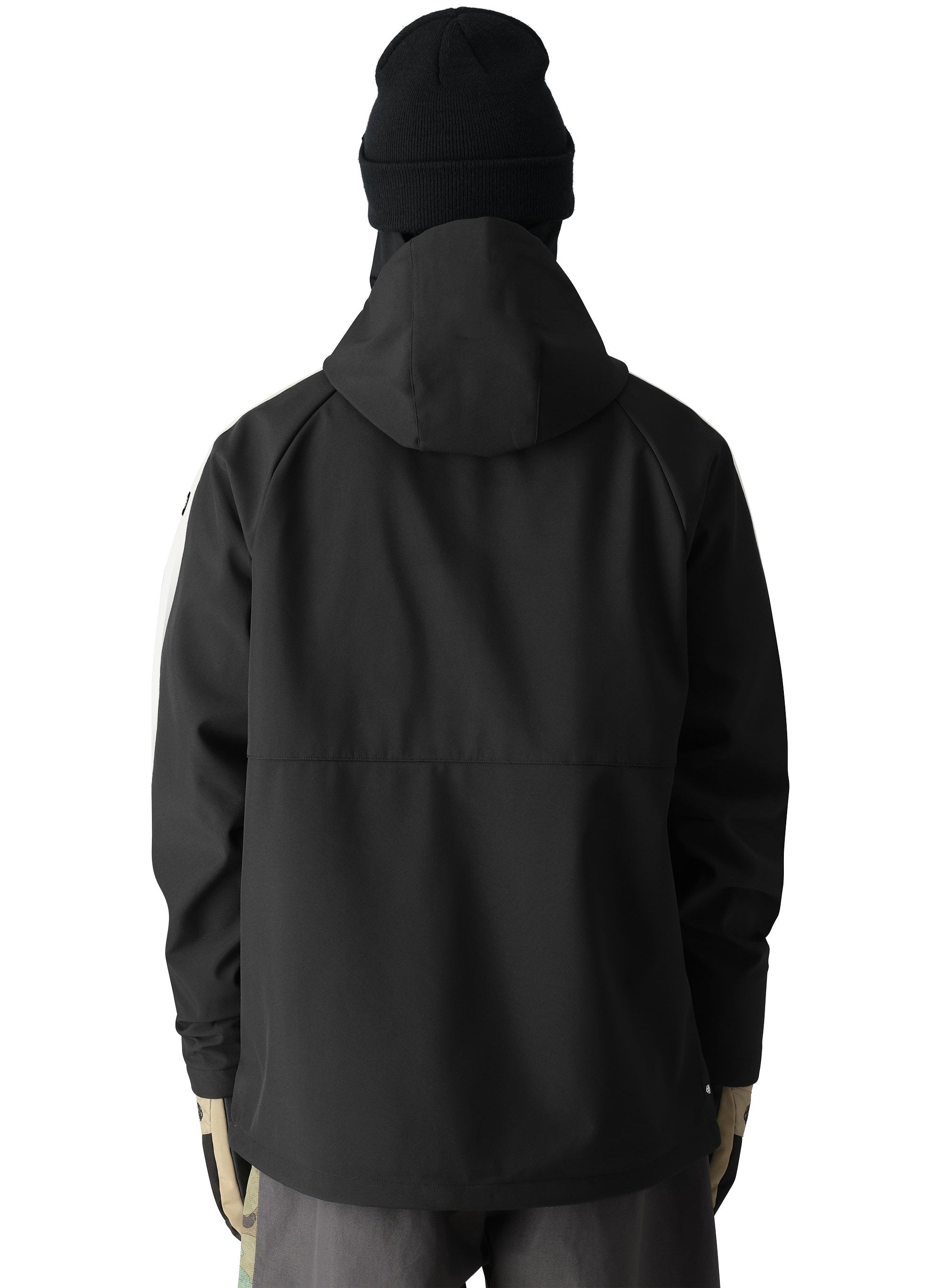 The 686 Waterproof Anorak Jacket 2025 in black features a hood and a zipper down the front.