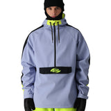 The 686 Waterproof Anorak Jacket 2025 is primarily light blue with neon yellow accents and a black BOA dial on the front.