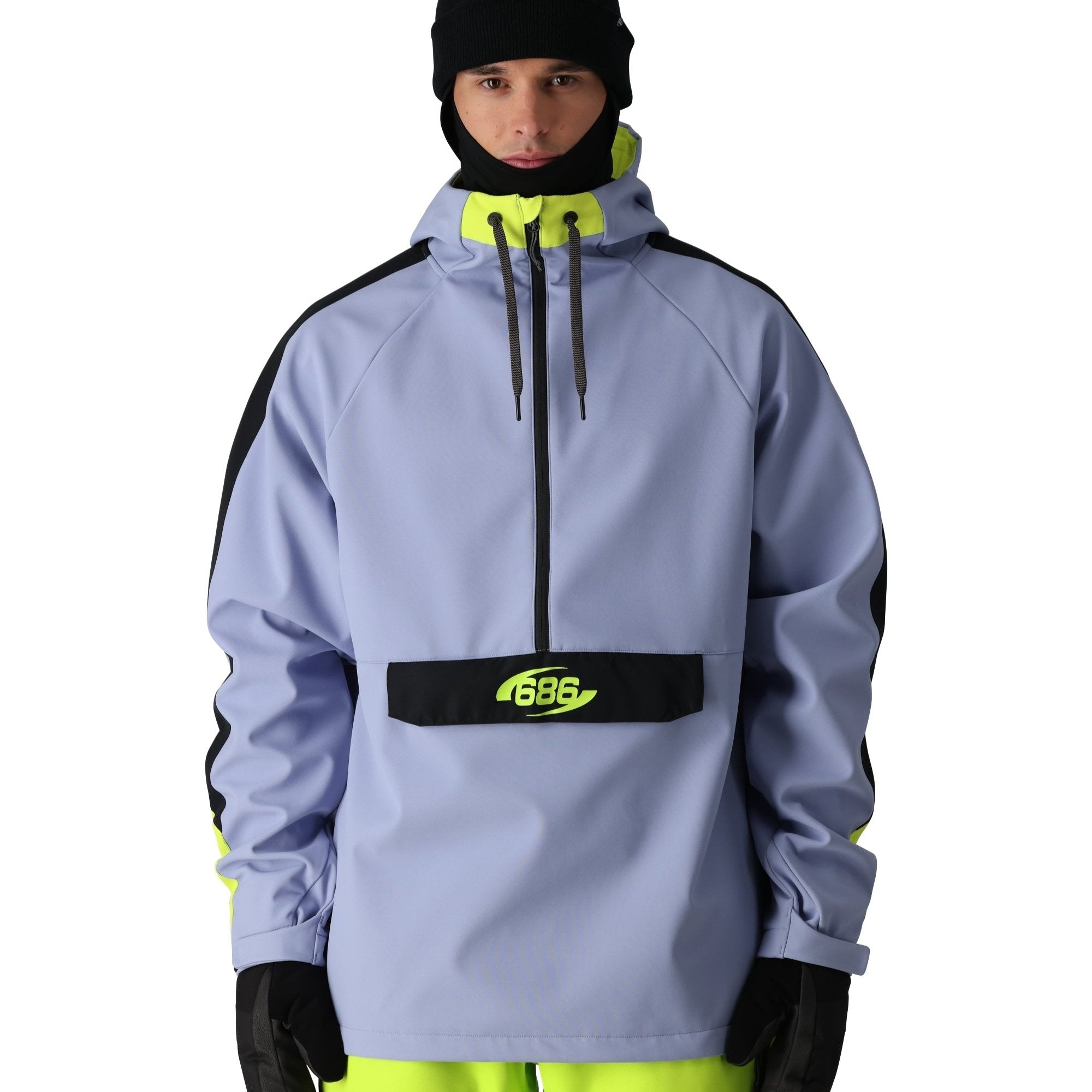 The 686 Waterproof Anorak Jacket 2025 is primarily light blue with neon yellow accents and a black BOA dial on the front.