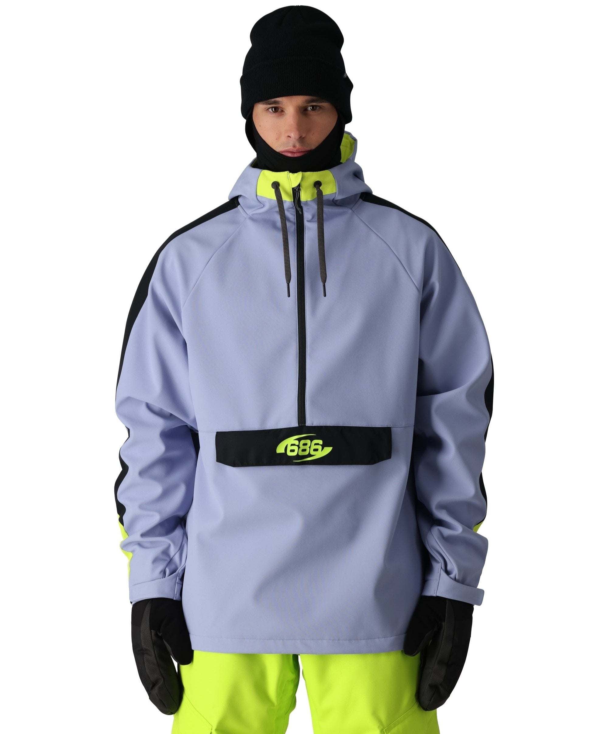 The 686 Waterproof Anorak Jacket 2025 is primarily light blue with neon yellow accents and a black BOA dial on the front.