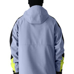 The 686 Waterproof Anorak Jacket 2025 has a light blue body with black sleeves and a hood.