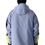The 686 Waterproof Anorak Jacket 2025 has a light blue body with black sleeves and a hood.