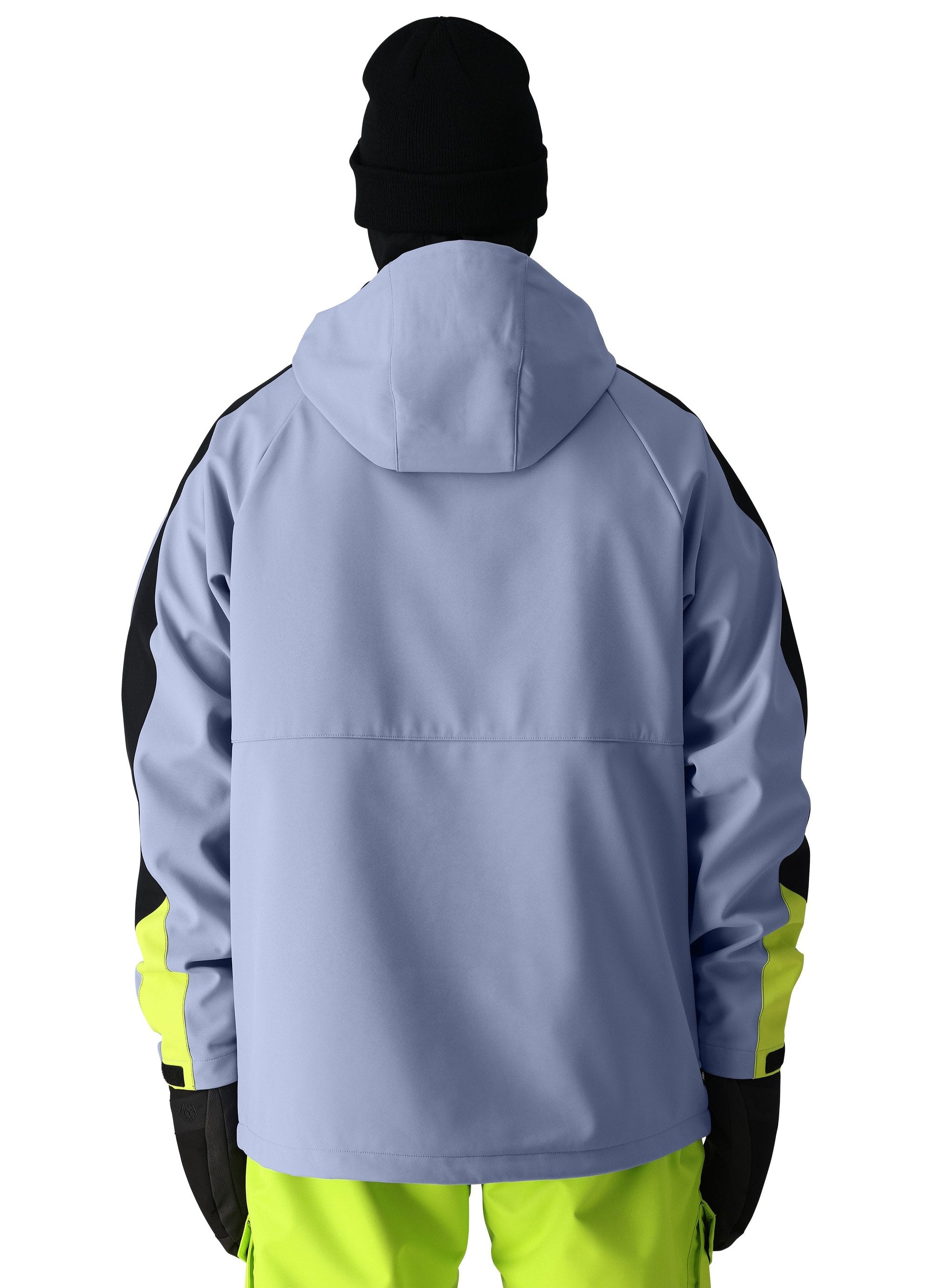 The 686 Waterproof Anorak Jacket 2025 has a light blue body with black sleeves and a hood.