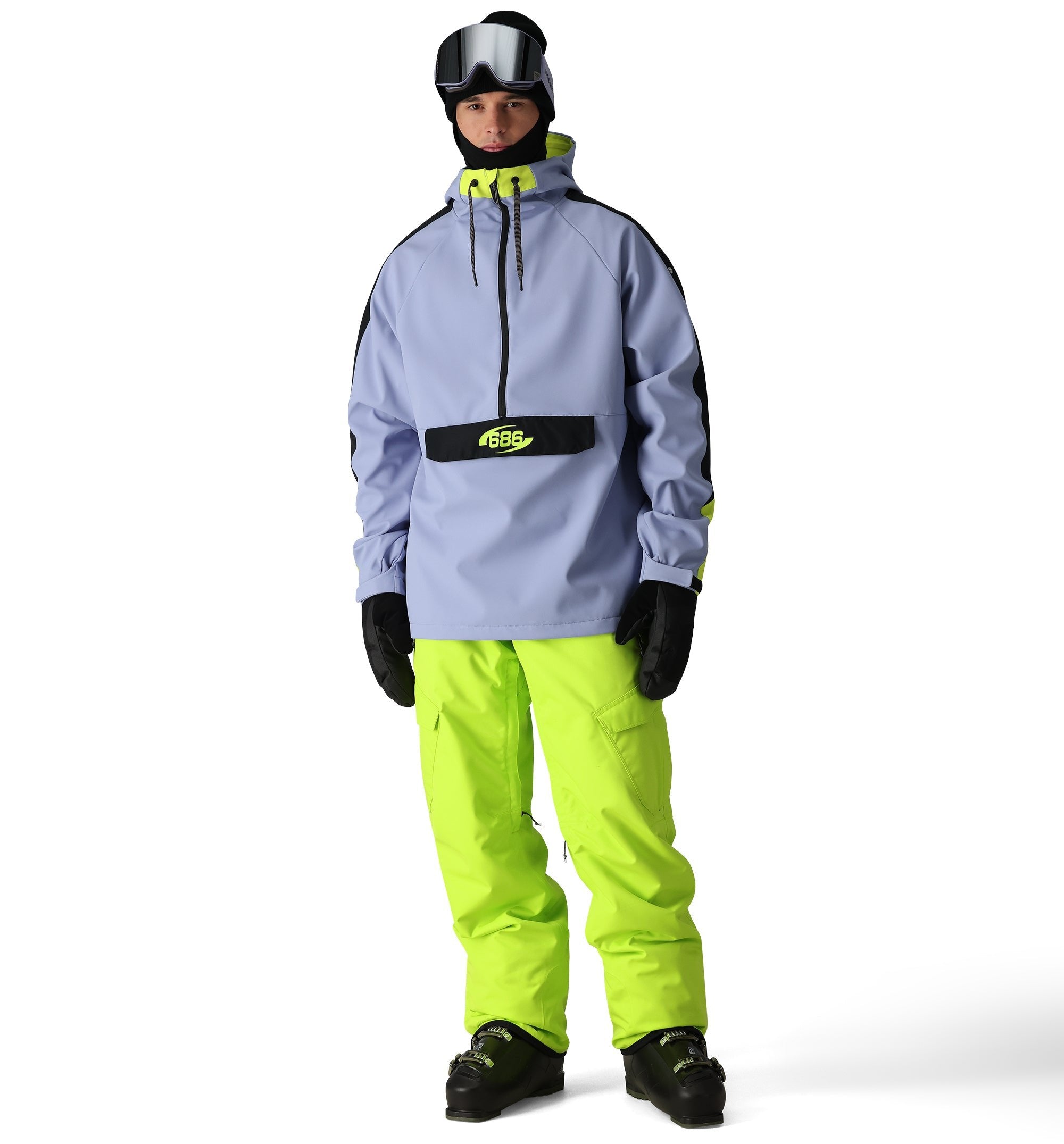 The 686 Waterproof Anorak Jacket 2025 is primarily light gray with neon yellow accents on the hood and chest pocket.