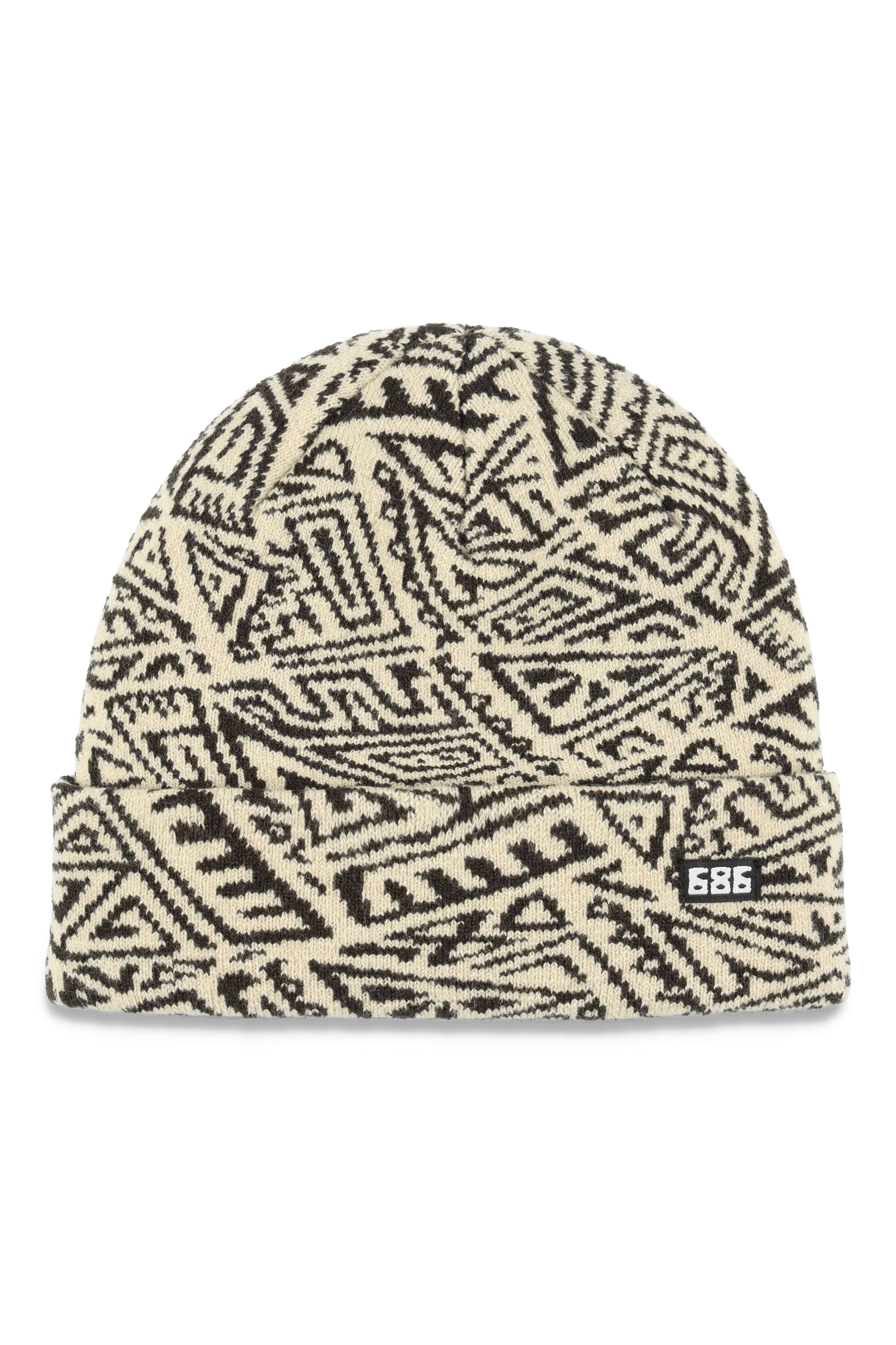 The 686 Men's Scrawl Beanie 2025 has a cream and black geometric patterned knit design.