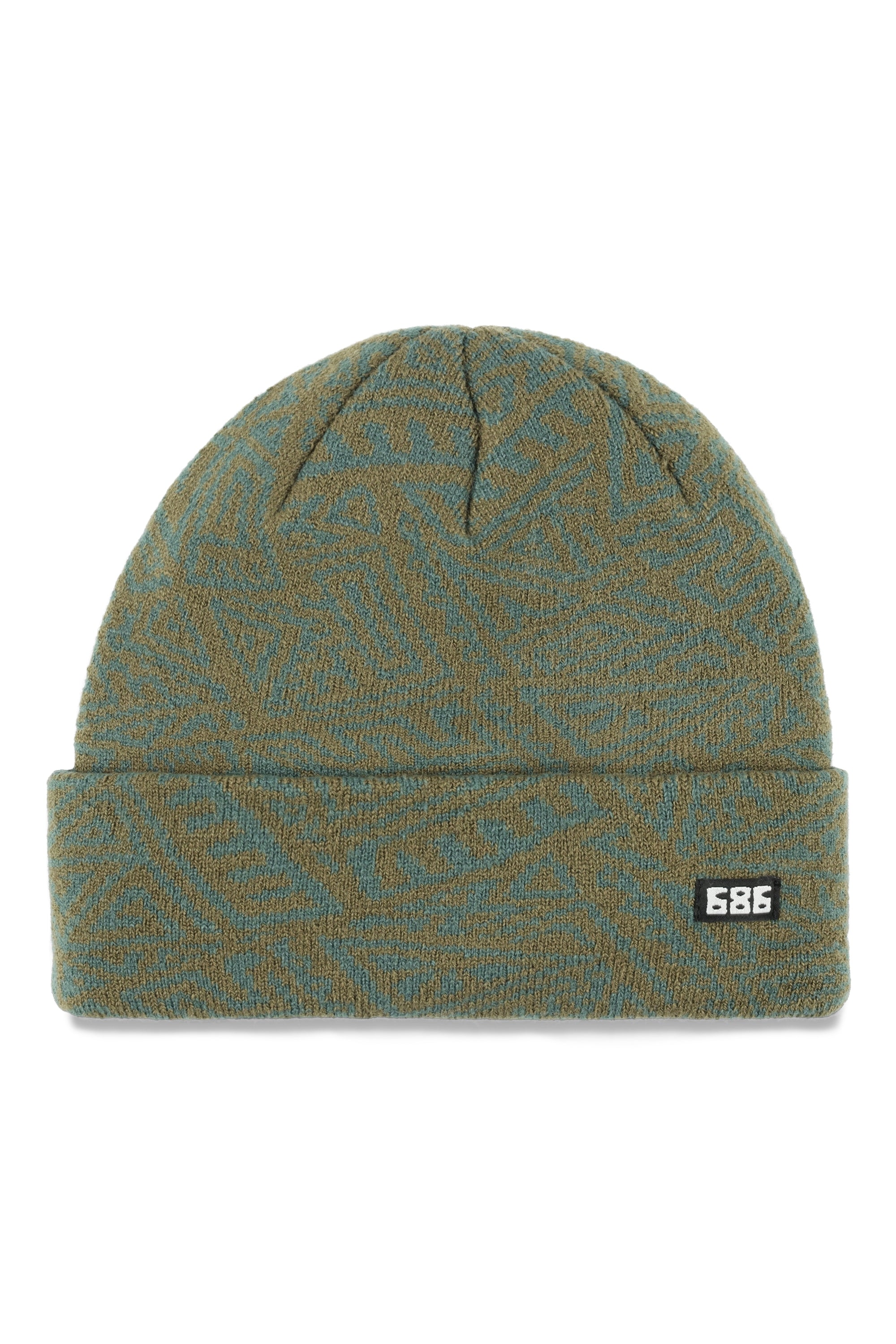 The 686 Men's Scrawl Beanie 2025 in tan and blue has a ribbed cuff and a folded-over brim.