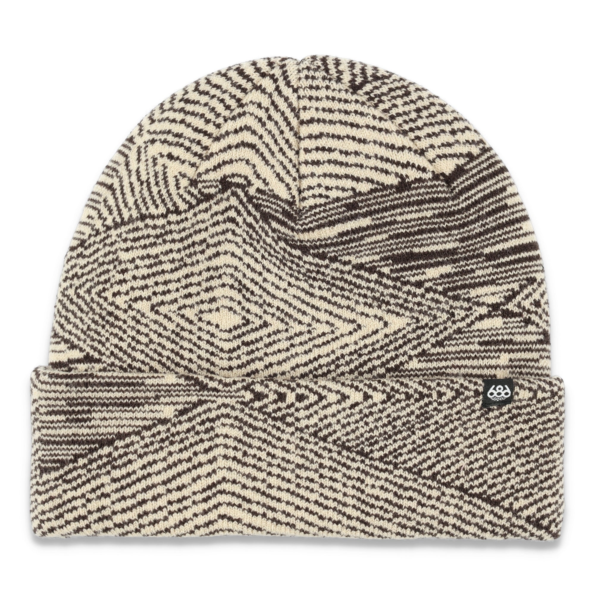 The 686 Women's Checkmate Beanie 2025 has a cream and black zebra striped pattern with a folded cuff.