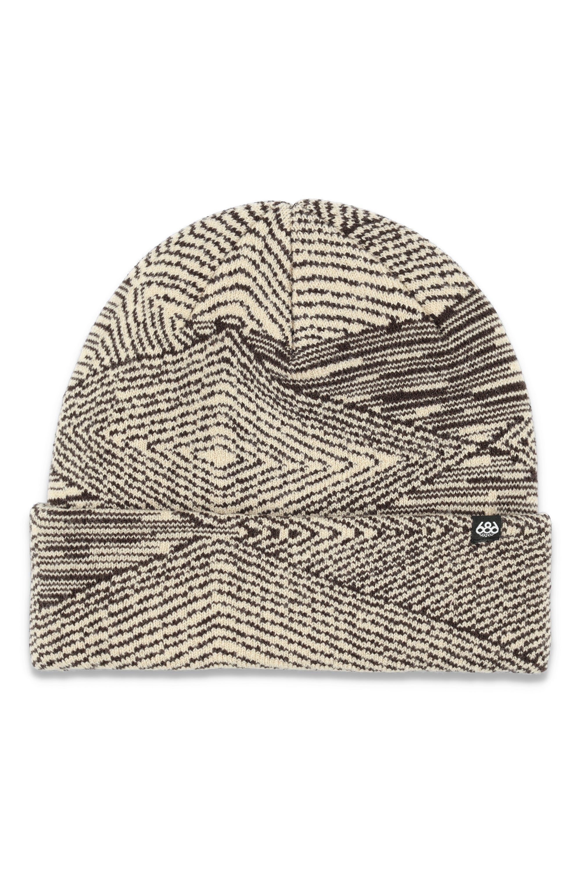 The 686 Women's Checkmate Beanie 2025 has a cream and black zebra striped pattern with a folded cuff.