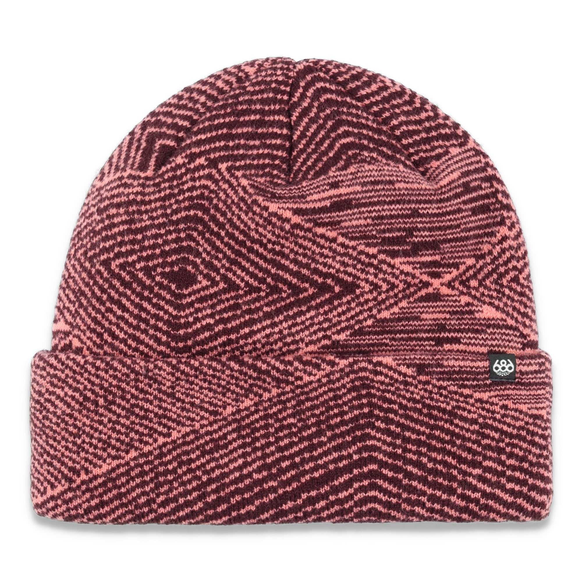 The 686 women's Checkmate beanie has a pink and black geometric pattern on a light pink background.