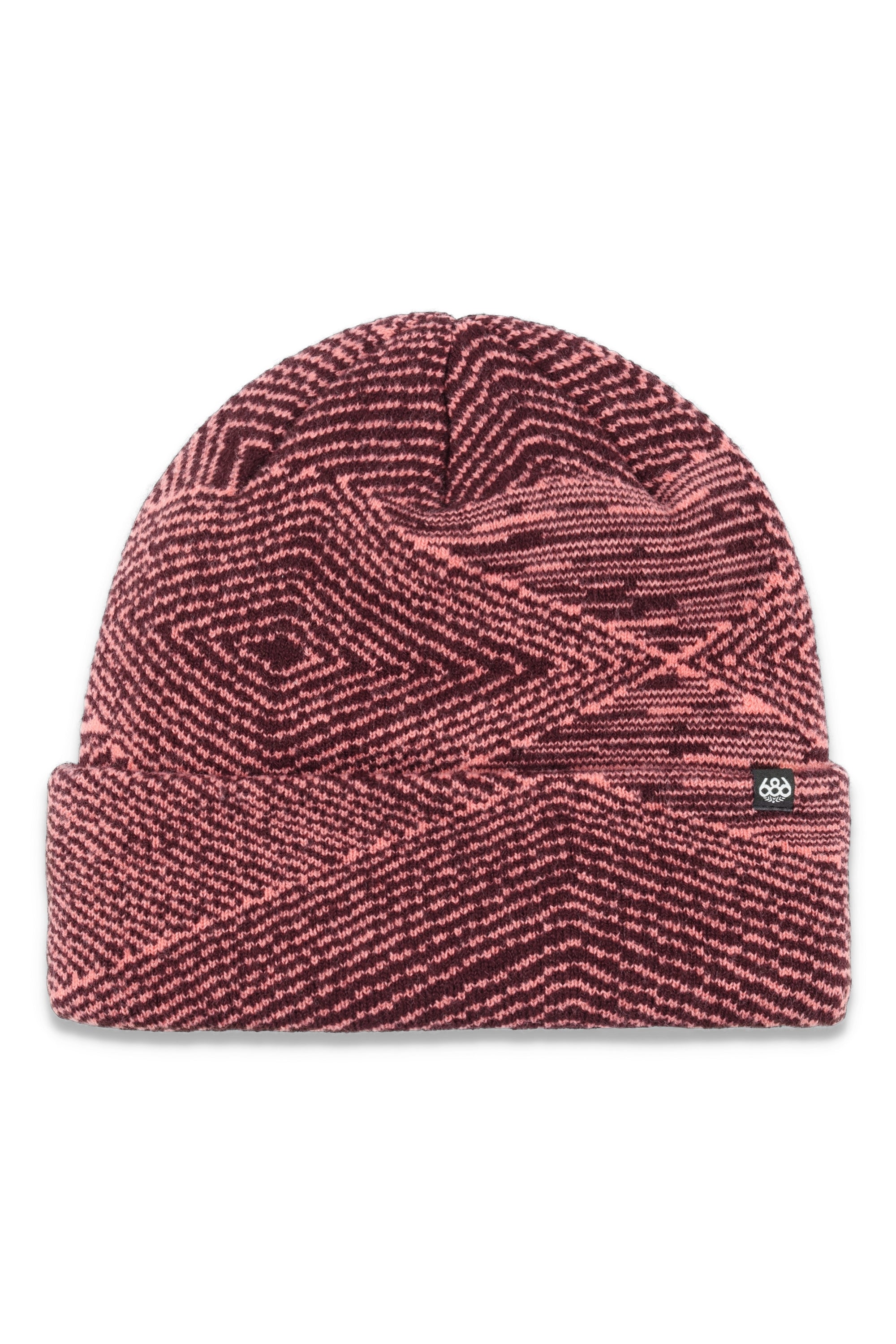 The 686 women's Checkmate beanie has a pink and black geometric pattern on a light pink background.