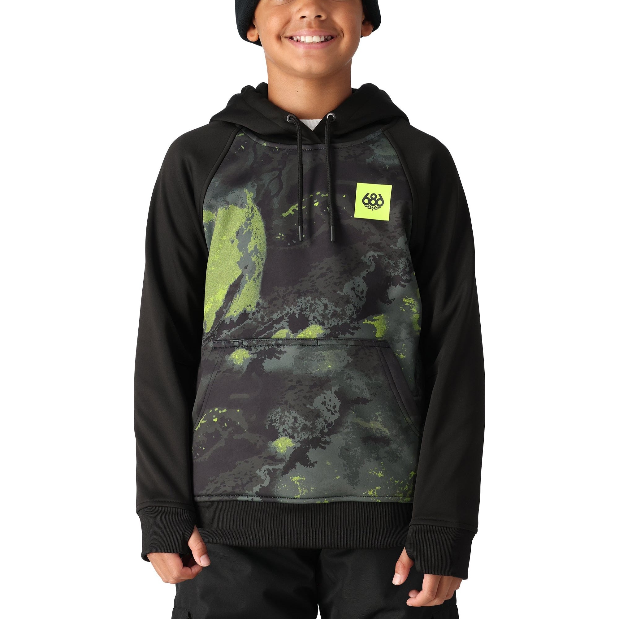 A black and green hooded sweatshirt with a front kangaroo pocket and drawstring waistband, worn by a model on a solid white background.