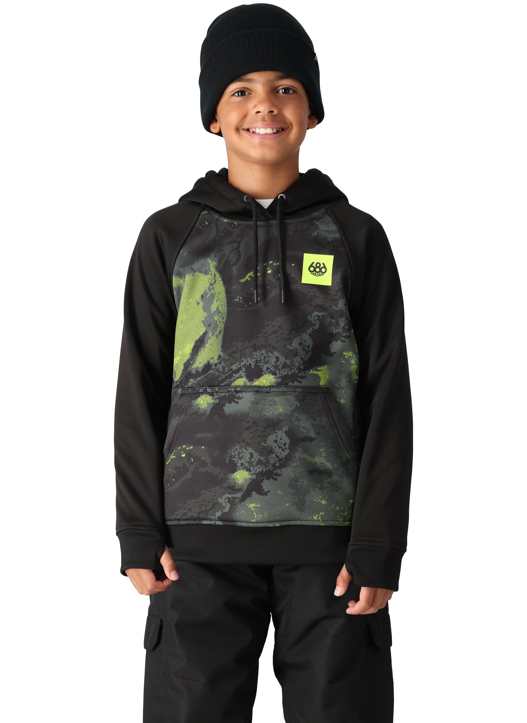 A black and green hooded sweatshirt with a front kangaroo pocket and drawstring waistband, worn by a model on a solid white background.
