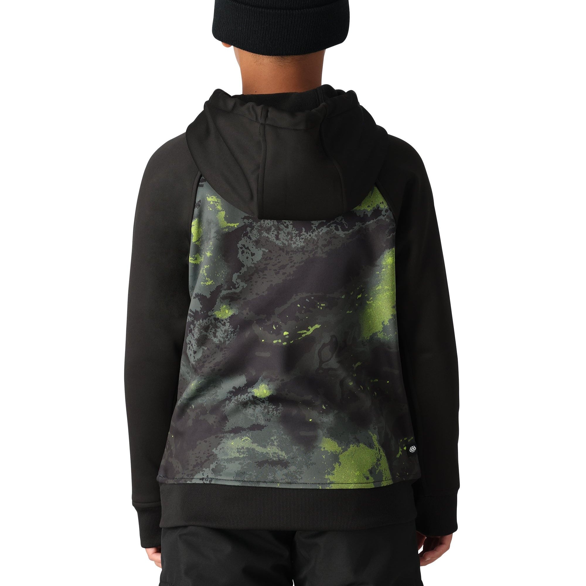 The 686 Boys' Bonded Fleece Pullover Hoody 2025 has a green and black camouflage pattern on the front.