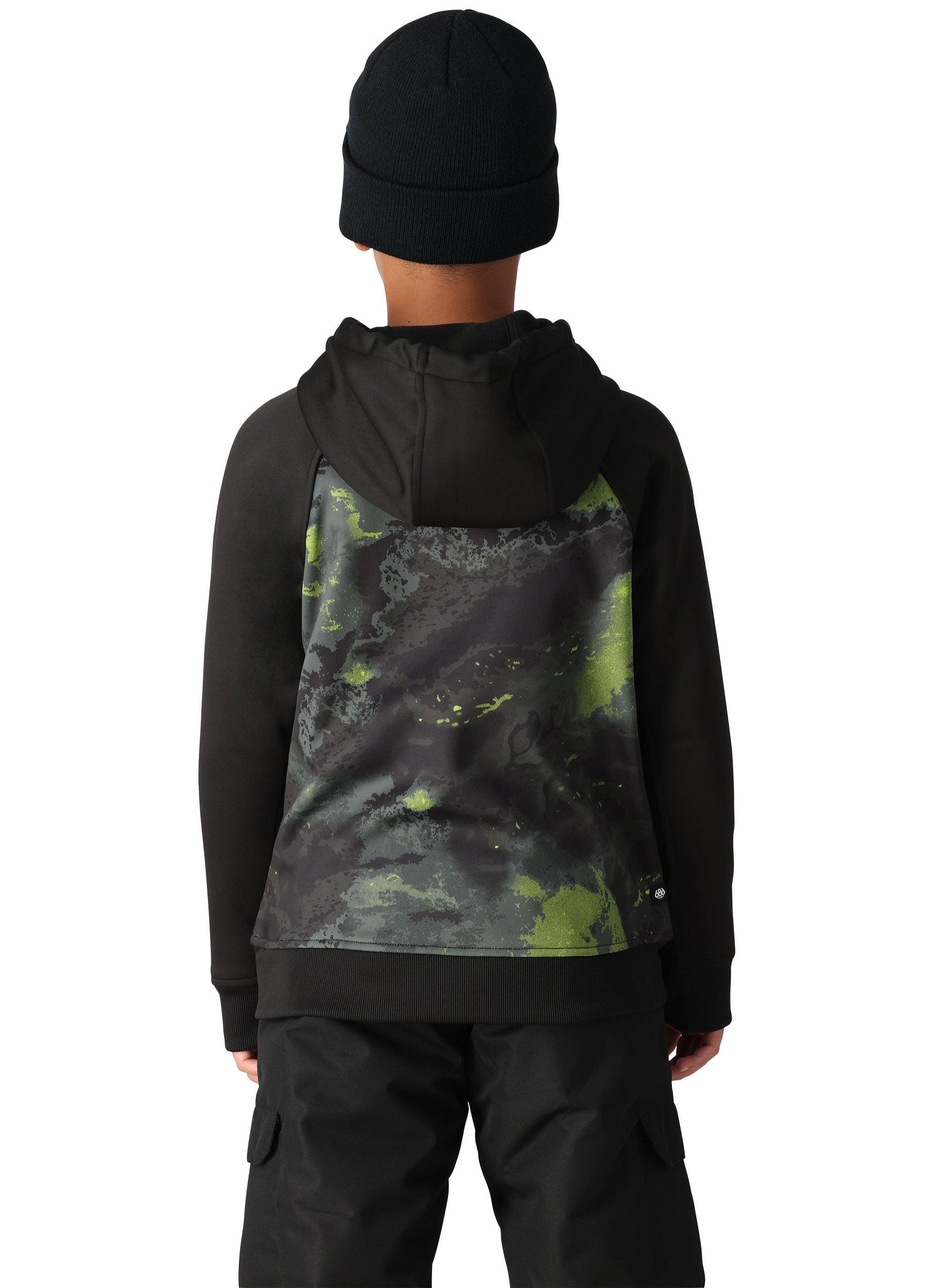 The 686 Boys' Bonded Fleece Pullover Hoody 2025 has a green and black camouflage pattern on the front.
