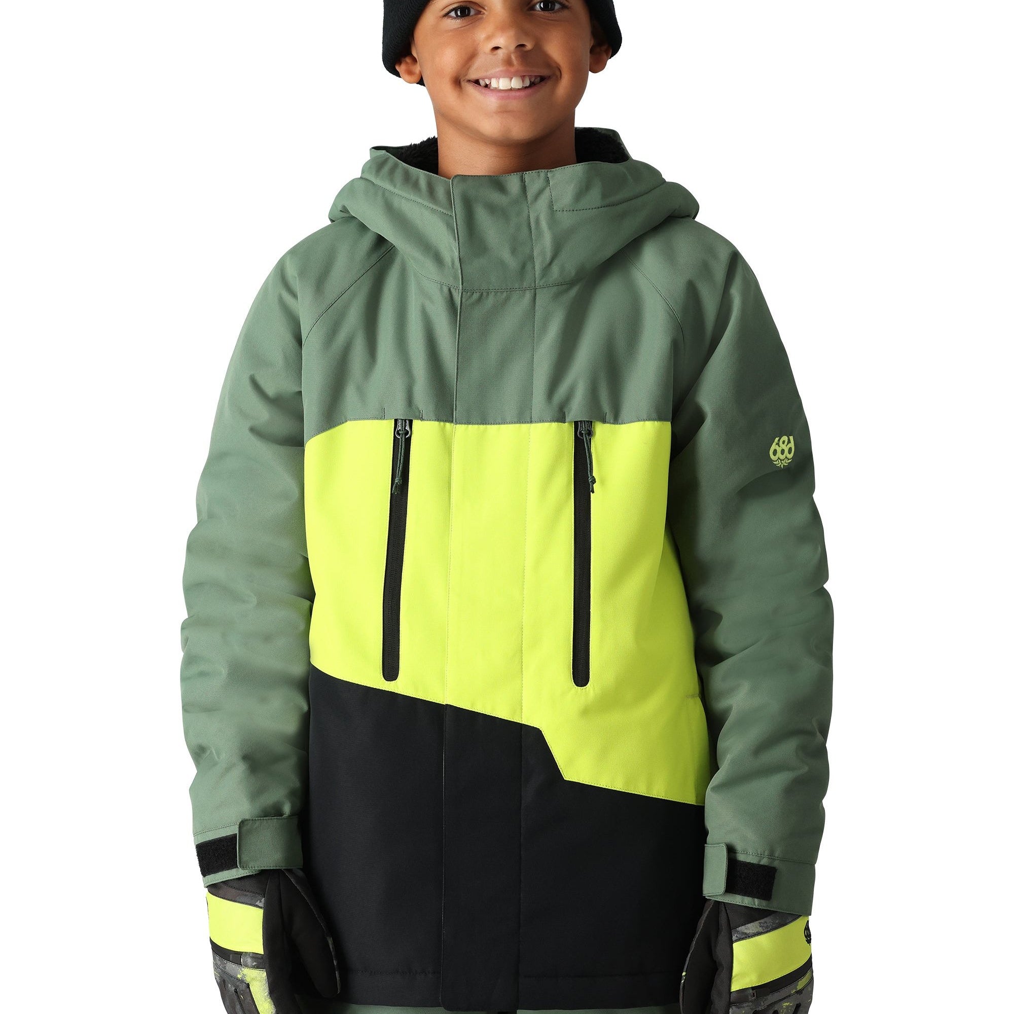 The 686 Youth GEO Insulated Jacket 2025 is primarily sage green with a bright yellow accent panel on the front and black accents.